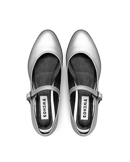 BOHEMA Mary Jane Pumps in silver - top view of women's Mary Jane ballet flats