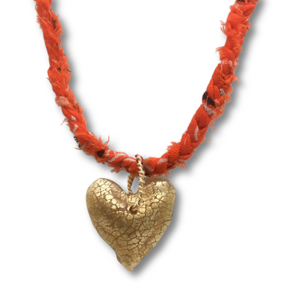 Upcycled Bandana Heart Necklace, Orange