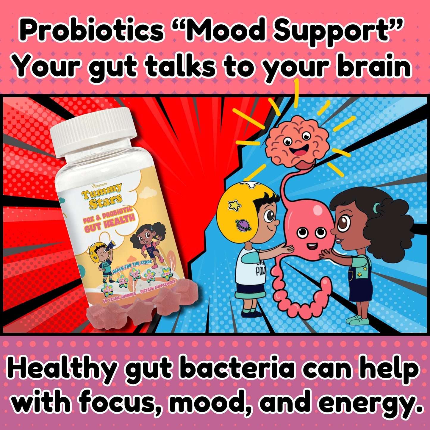 Tummy Stars Kids Prebiotic & Probiotic Gummies + Fiber – Gut Health & Digestion Support for Kids | Promotes Regularity, Detox Support & Mood Support | Vegan, 60 Count