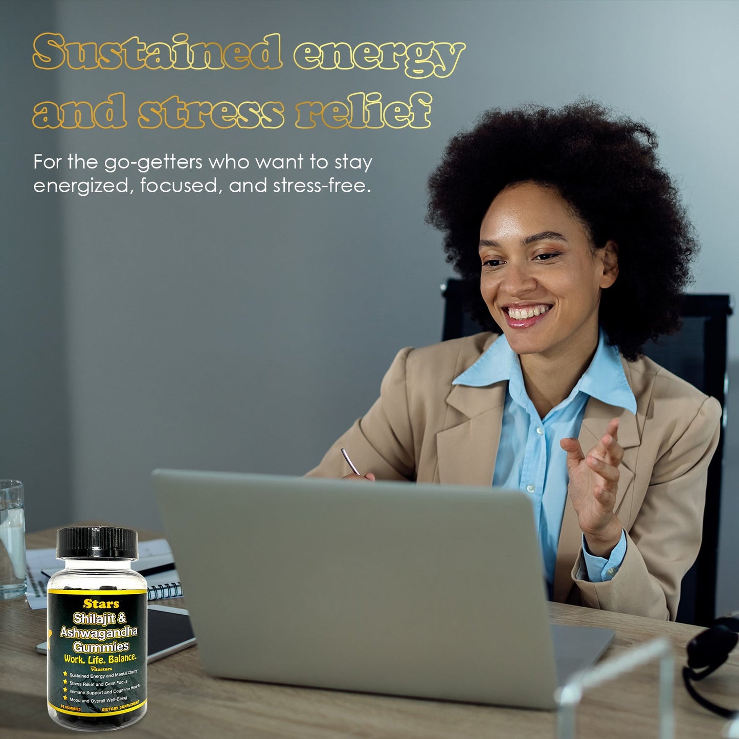 Stars Work. Life. Balance. Shilajit & Ashwagandha Gummies + Chaga Mushroom Vitamin D2 & B12 - Vegan America