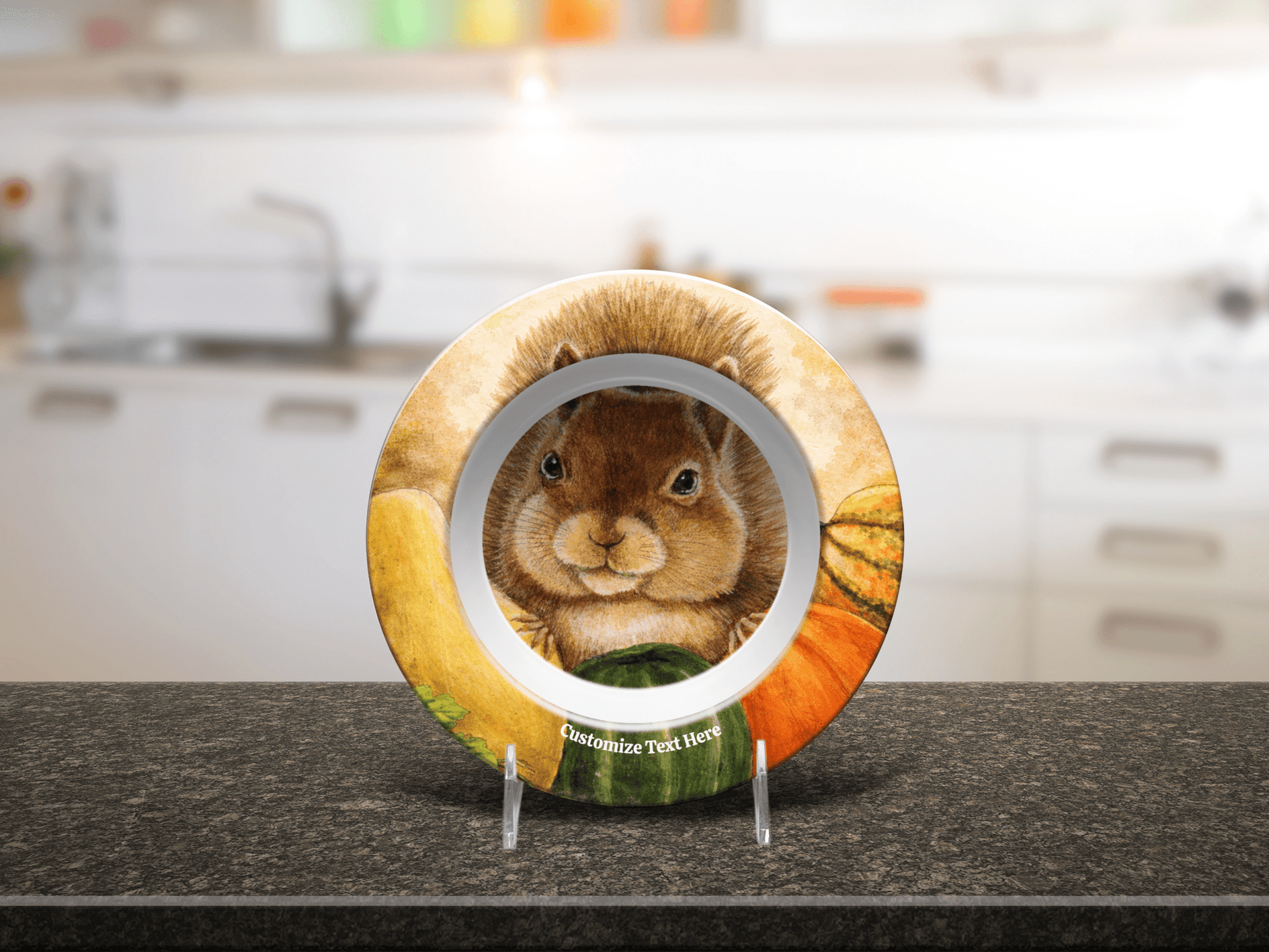 Personalized Plate & Bowl with Squirrel & Squash – Whimsical Tableware for Everyone - Vegan America