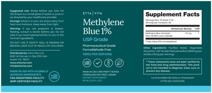 Methylene Blue Drops - USP Pharmaceutical Grade 99.99% Pure 1% Solution for Energy, Focus, Clarity, Cognition & Cellular Support - 3rd Party Tested, Formaldehyde-Free, Made in USA, 2oz Tincture