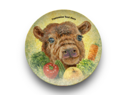 Personalized Plate & Bowl with Cow & Garden Veggies – Whimsical Tableware for Everyone