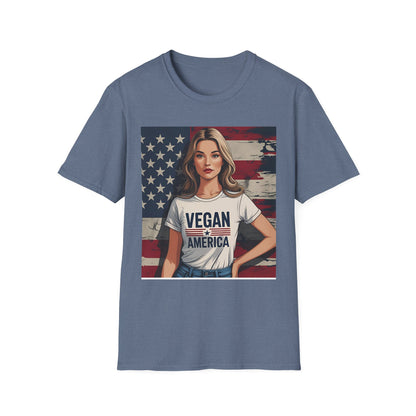 Vegan America T-Shirt | UnisexSoftstyle Tee, Eco - Friendly Fashion, Gift for Vegans, Independence Day Outfit, Casual Wear - Vegan America