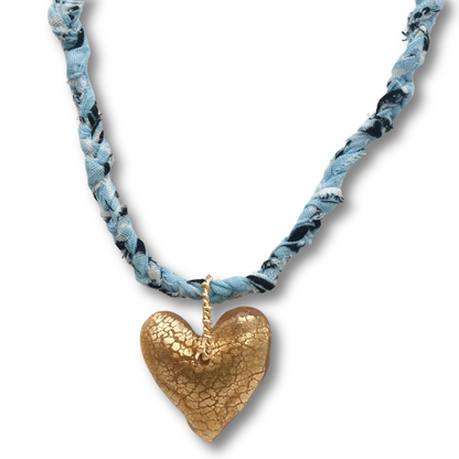 Upcycled Bandana Heart Necklace, Blue