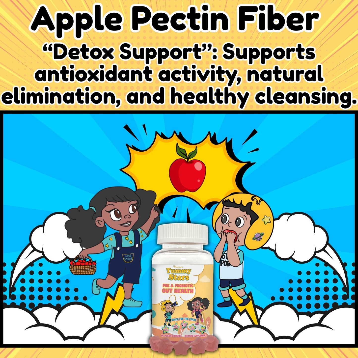 Tummy Stars Kids Prebiotic & Probiotic Gummies + Fiber – Gut Health & Digestion Support for Kids | Promotes Regularity, Detox Support & Mood Support | Vegan, 60 Count