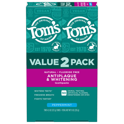 Fluoride-Free Antiplaque & Whitening Peppermint Natural Toothpaste (2 Pack)