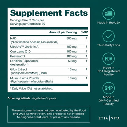 Liposomal NAD+ Supplement - Resveratrol, Urolithin A, CoQ10 & Muira Puama - Vegan America