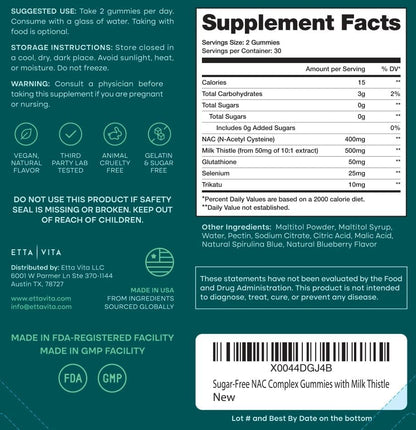 Sugar-Free NAC Gummies, N Acetyl Cysteine Supplement with Milk Thistle, Glutathione, Trikatu & Selenium, Supplement for Energy, Respiratory Health, Liver Detox & Cleanse, Kidney, Antioxidant Support