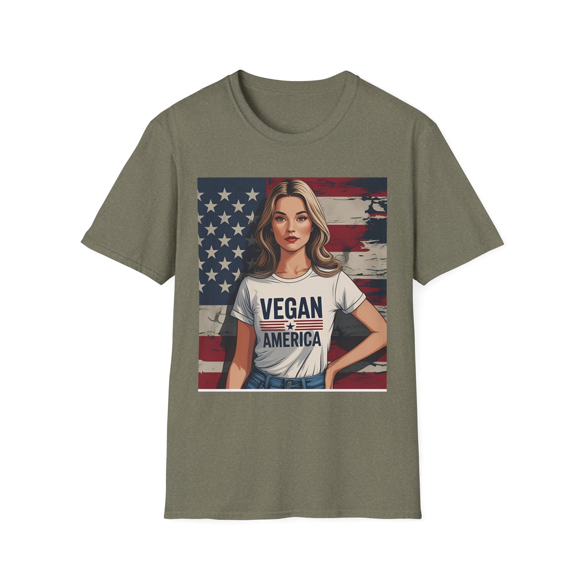 Vegan America T-Shirt | UnisexSoftstyle Tee, Eco - Friendly Fashion, Gift for Vegans, Independence Day Outfit, Casual Wear - Vegan America