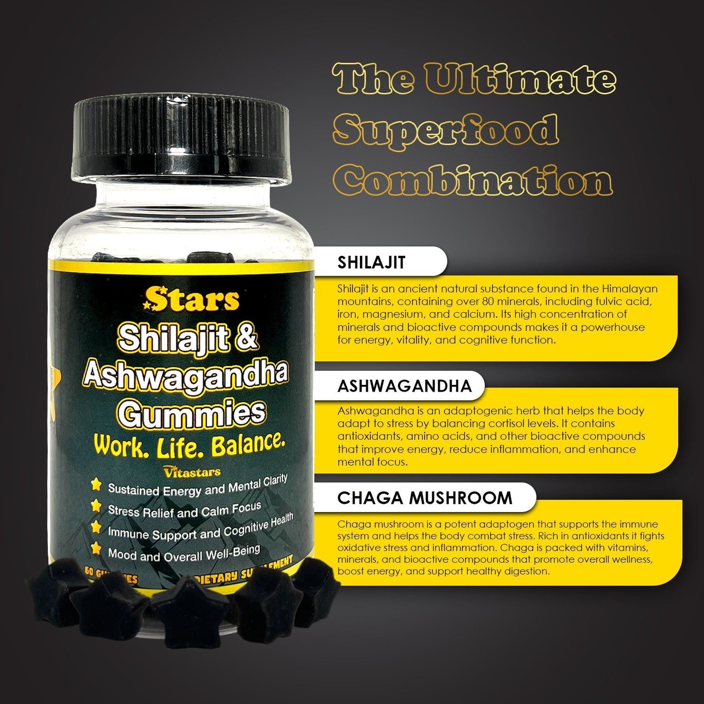 Stars Work. Life. Balance. Shilajit & Ashwagandha Gummies + Chaga Mushroom Vitamin D2 & B12 - Vegan America