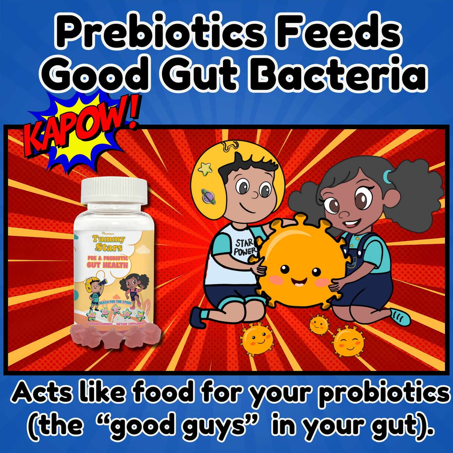 Tummy Stars Kids Prebiotic & Probiotic Gummies + Fiber – Gut Health & Digestion Support for Kids | Promotes Regularity, Detox Support & Mood Support | Vegan, 60 Count