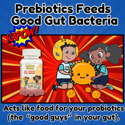 Tummy Stars Kids Prebiotic & Probiotic Gummies + Fiber – Gut Health & Digestion Support for Kids | Promotes Regularity, Detox Support & Mood Support | Vegan, 60 Count