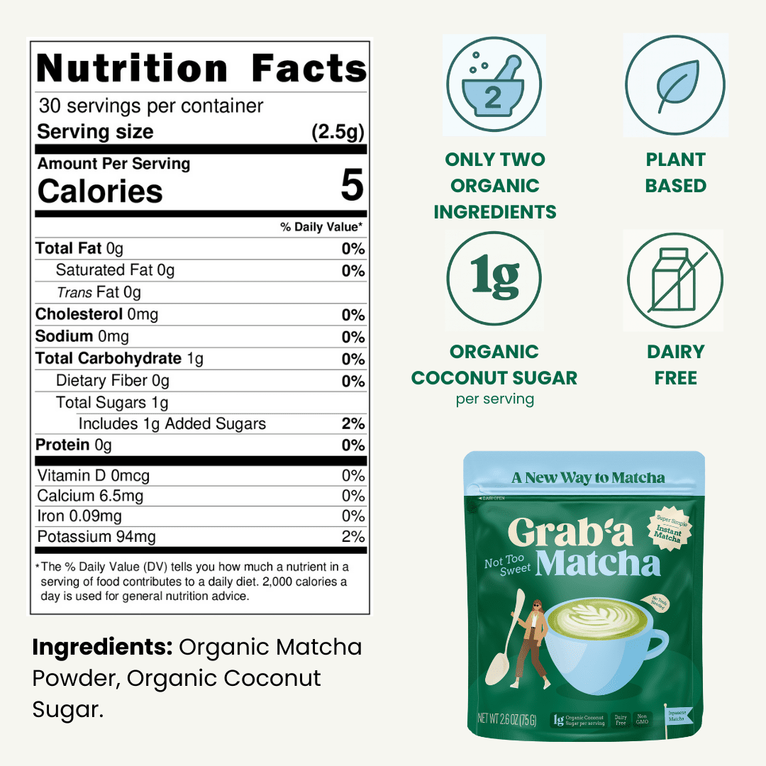 Nutrition facts for Grab’a Matcha Organic Instant Slightly Sweetened Matcha Green Tea Powder, Easy to Make Matcha Latte Mix, 30 servings, From Uji Japan (75g / 2.65oz)