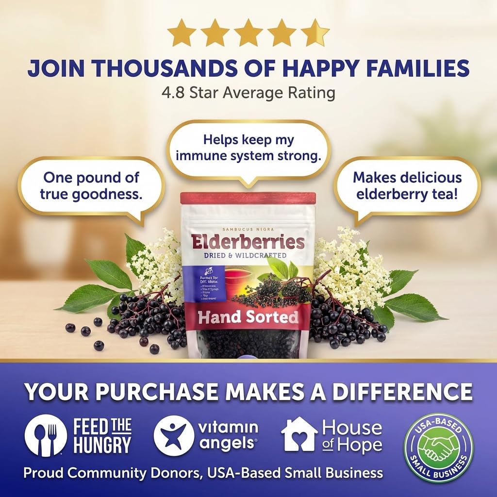 Black Dried Elderberries 1lb, Wildcrafted Elderberry for DIY Syrup & Tea