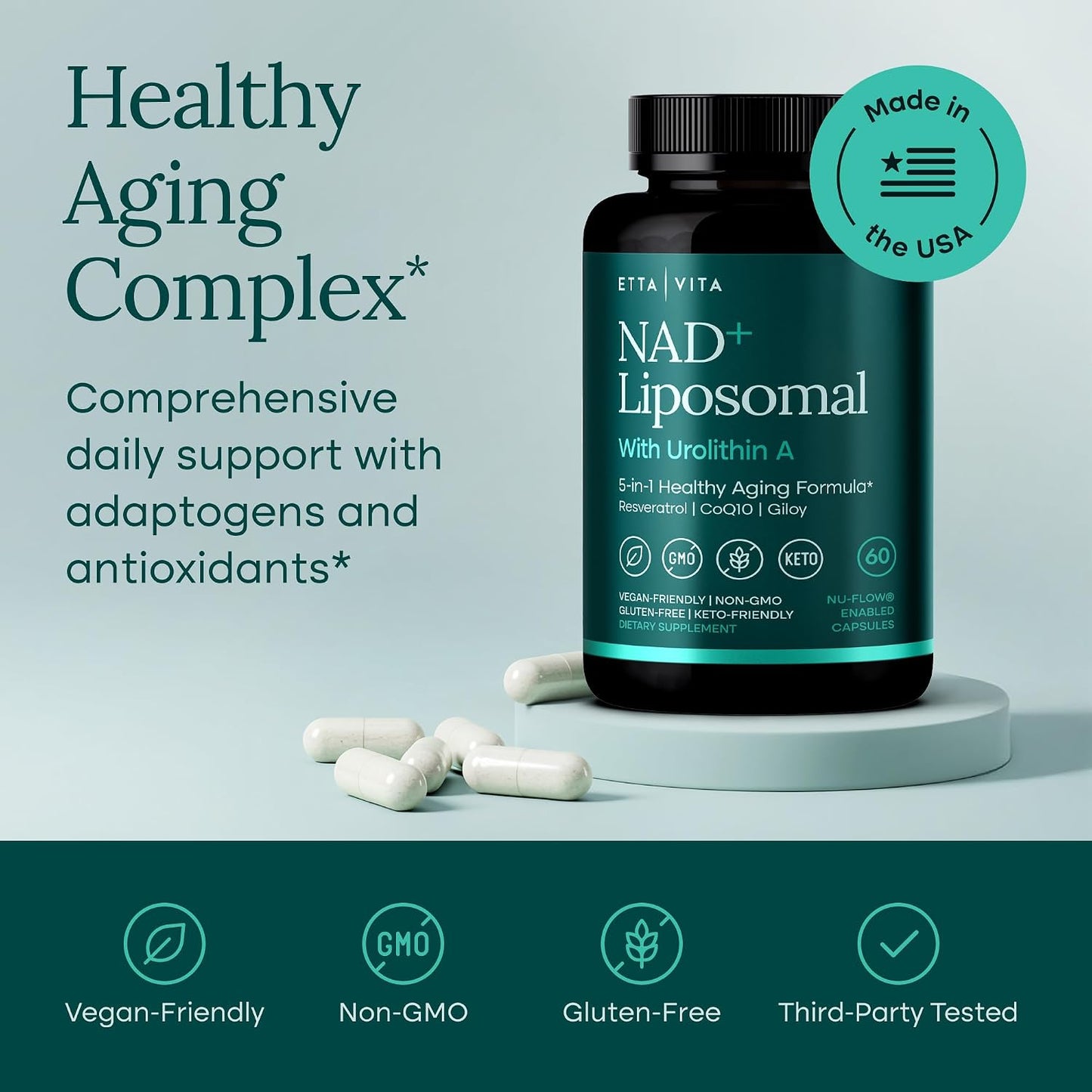 Liposomal NAD+ Supplement 500mg with Urolithin A, CoQ10, Resveratrol & Muira Puama (Made in USA), NAD Supplement for Cellular Energy, Cognitive, Anti-Aging & Detox Support - 3rd Party Tested, Non-GMO
