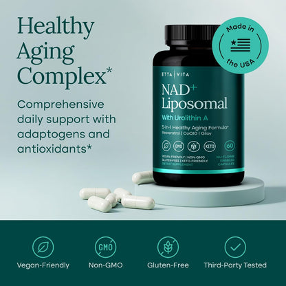 Liposomal NAD+ Supplement 500mg with Urolithin A, CoQ10, Resveratrol & Muira Puama (Made in USA), NAD Supplement for Cellular Energy, Cognitive, Anti-Aging & Detox Support - 3rd Party Tested, Non-GMO