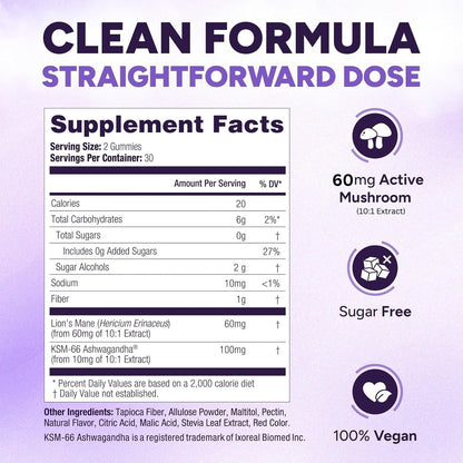 Lions Mane Supplement Gummies with KSM-66 Ashwagandha for Focus Support
