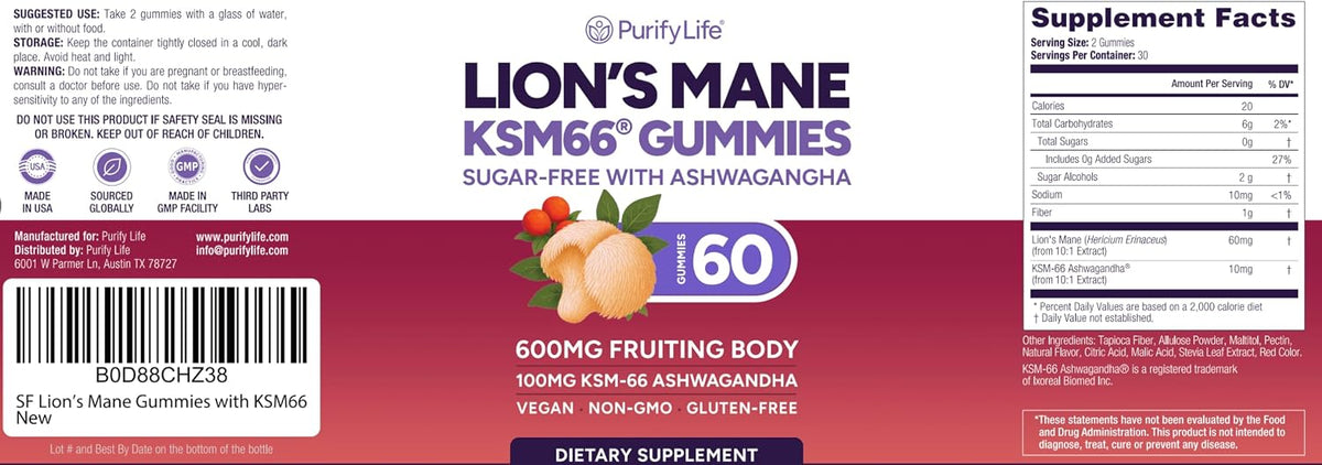Lions Mane Supplement Gummies with KSM-66 Ashwagandha for Focus Support