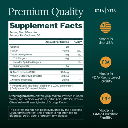 Sugar - Free Gummies - NAC Shield (Immune Support Complex) N - Acetyl Cysteine, Vitamin C & Zinc - Vegan America