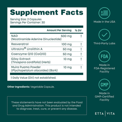 Liposomal NAD+ Supplement 500mg with Urolithin A, CoQ10, Resveratrol & Muira Puama (Made in USA), NAD Supplement for Cellular Energy, Cognitive, Anti-Aging & Detox Support - 3rd Party Tested, Non-GMO