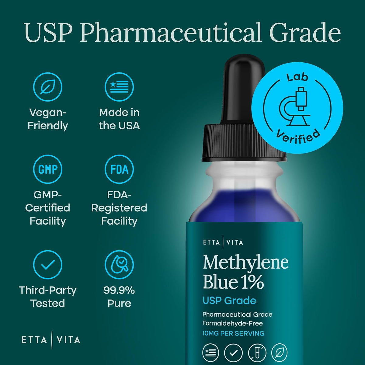 Methylene Blue Pharmaceutical Grade 99.99% Pure 1% Solution, 2oz Tincture - Vegan America