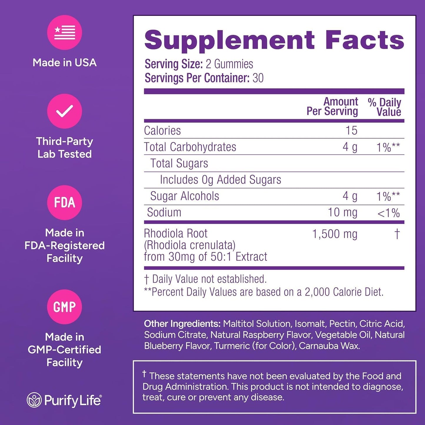 Sugar-Free Rhodiola Rosea Gummies, Adrenal & Cortisol Support, Vegan