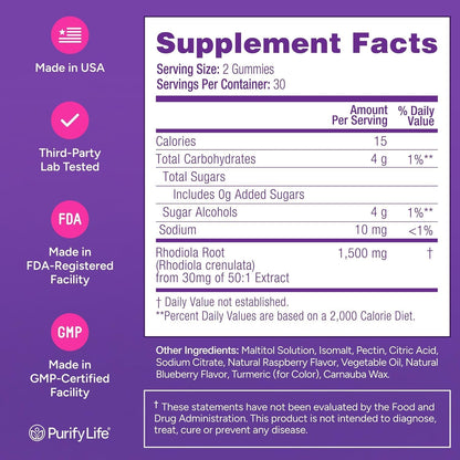 Sugar-Free Rhodiola Rosea Gummies, Adrenal & Cortisol Support, Vegan