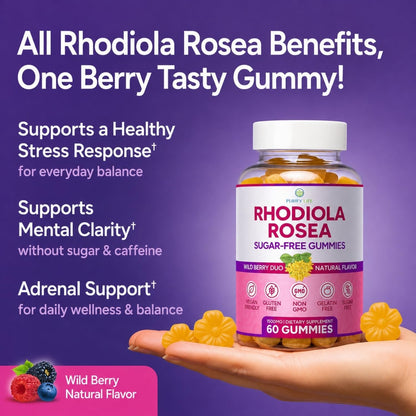 Sugar-Free Rhodiola Rosea Gummies, Adrenal & Cortisol Support, Vegan