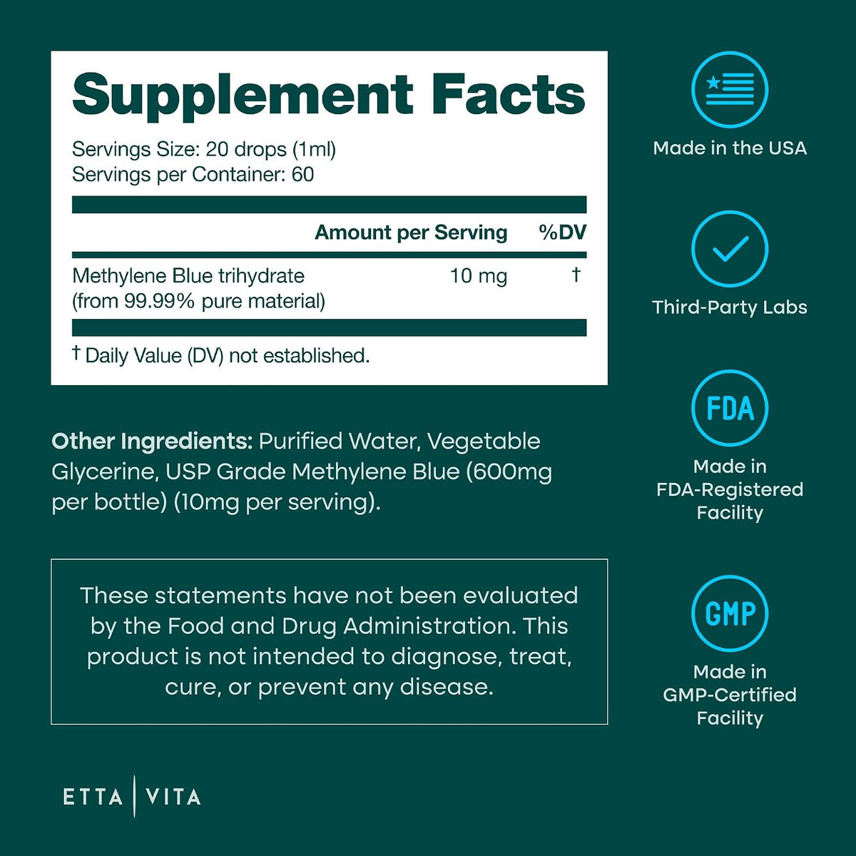 Methylene Blue Pharmaceutical Grade 99.99% Pure 1% Solution, 2oz Tincture - Vegan America