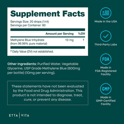 Methylene Blue Pharmaceutical Grade 99.99% Pure 1% Solution, 2oz Tincture - Vegan America