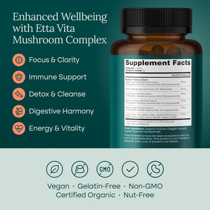 USDA Organic Mushroom Complex with Lions Mane & Ashwagandha [1,860mg], 11 in 1 Fruiting Body Extract, Reishi, Cordyceps, Chaga & Turkey Tail, Focus, Immune & Stress Support, 90 Vegan Capsules