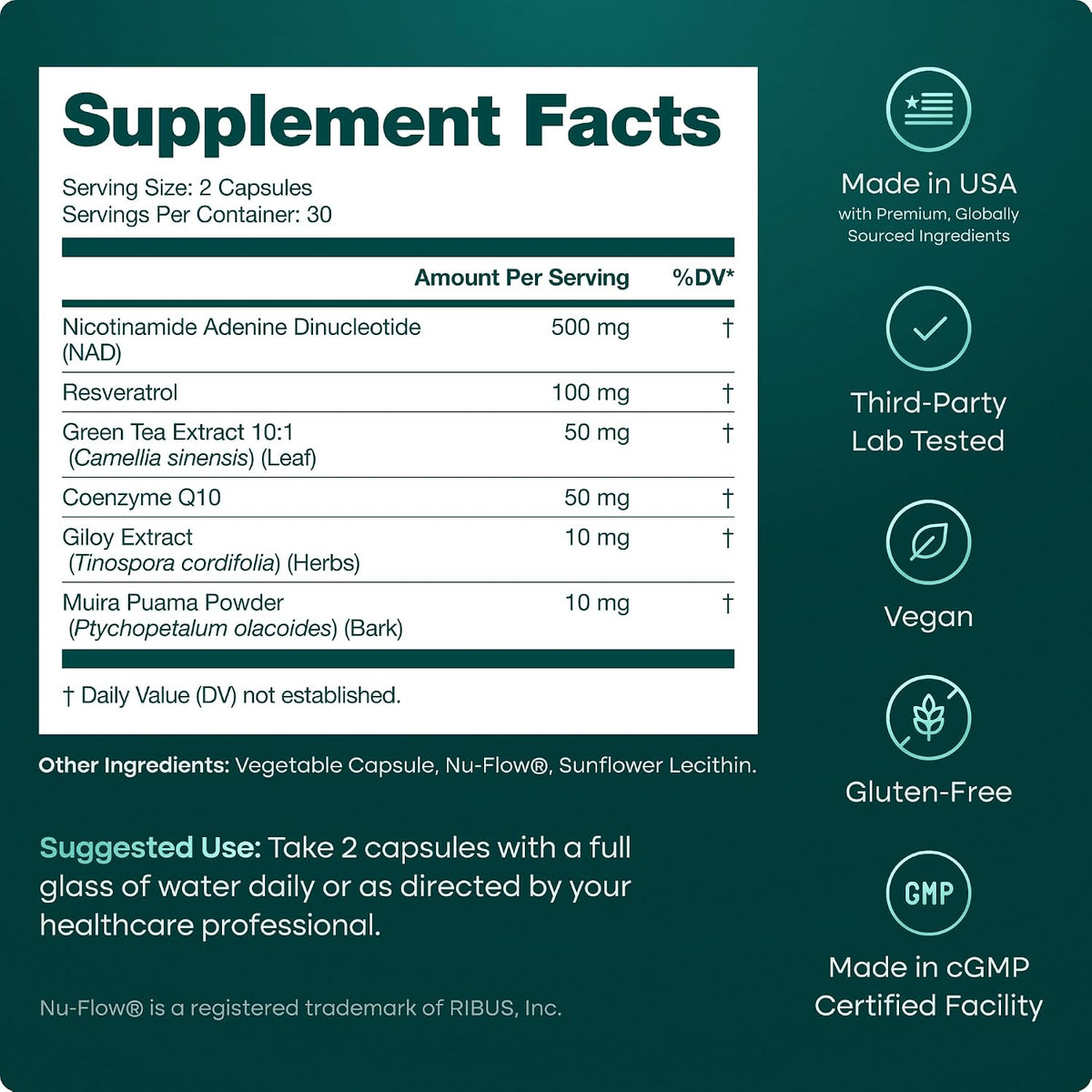 NAD+ Supplement 500mg with Resveratrol & CoQ10 for Cellular Energy, 60 Ct - Vegan America