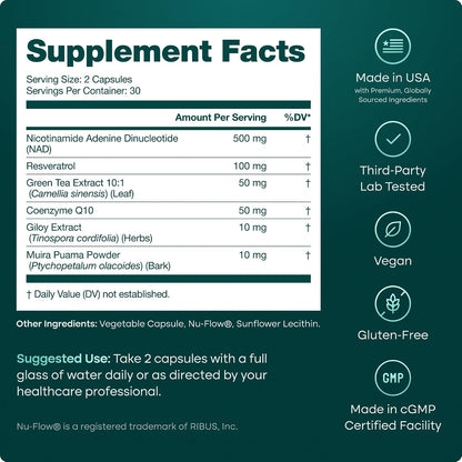 NAD+ Supplement 500mg with Resveratrol & CoQ10 for Cellular Energy, 60 Ct - Vegan America