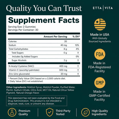 Sugar-Free NAC Gummies with Vitamin C 500mg, Zinc 20mg, N-Acetyl Cysteine 400mg - Antioxidant, Respiratory & Immune Support, Vegan, No Sulfur Taste NAC Supplement for Kids & Adults - 60 Gummies