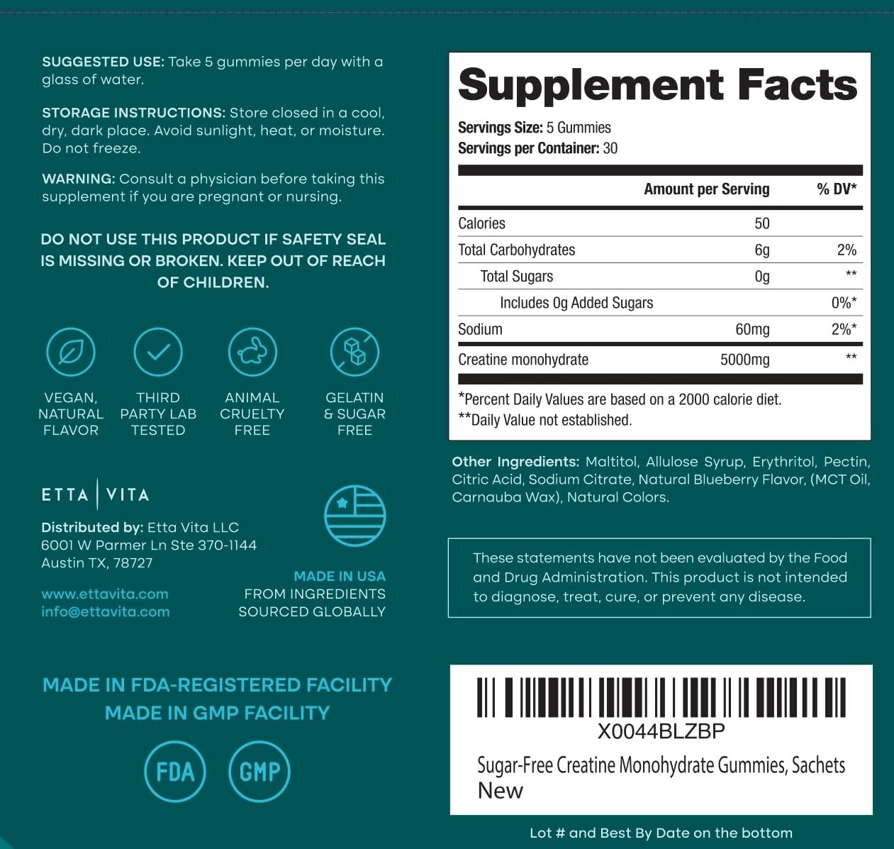 Sugar-Free Creatine Monohydrate Gummies (5g Per Packet) - Potent Creatine Gummies for Men & Women, Supplement for Muscle Support, Cognitive Function - Non-GMO, Gluten-Free