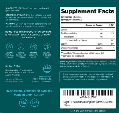 Sugar-Free Creatine Monohydrate Gummies (5g Per Packet) - Potent Creatine Gummies for Men & Women, Supplement for Muscle Support, Cognitive Function - Non-GMO, Gluten-Free