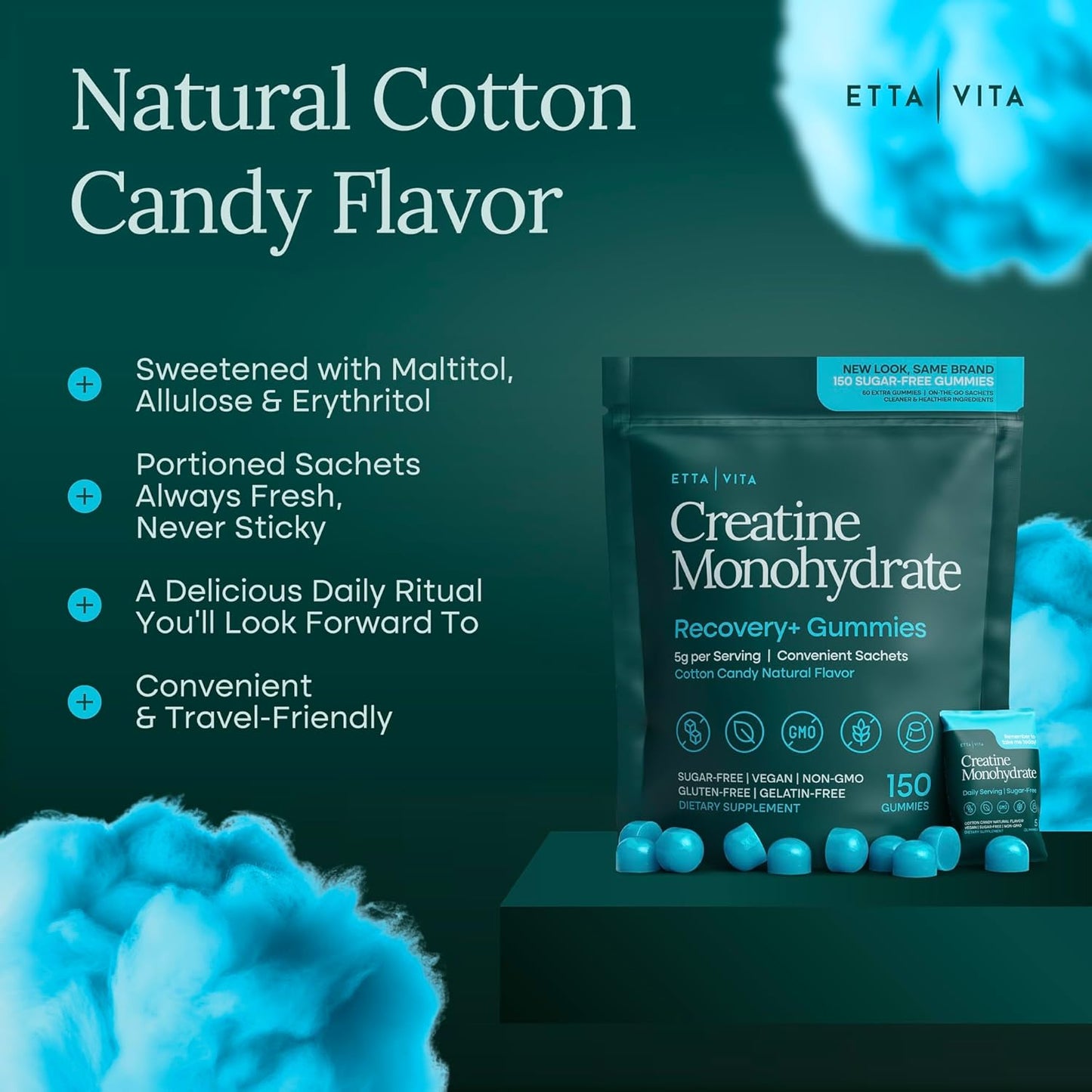 Sugar-Free Creatine Monohydrate Gummies (5g Per Packet) - Potent Creatine Gummies for Men & Women, Supplement for Muscle Support, Cognitive Function - Non-GMO, Gluten-Free