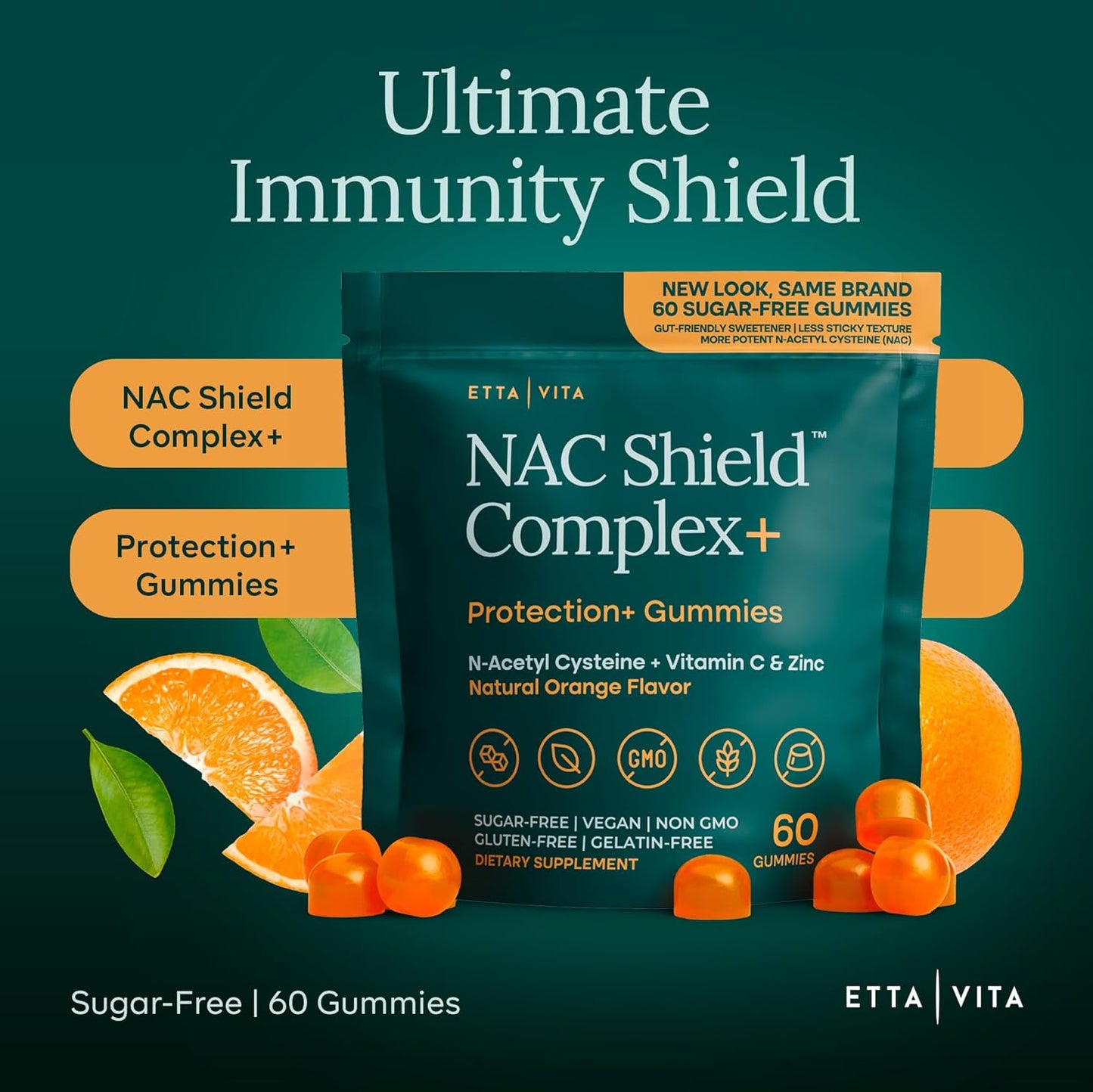 Sugar-Free NAC Gummies with Vitamin C 500mg, Zinc 20mg, N-Acetyl Cysteine 400mg - Antioxidant, Respiratory & Immune Support, Vegan, No Sulfur Taste NAC Supplement for Kids & Adults - 60 Gummies