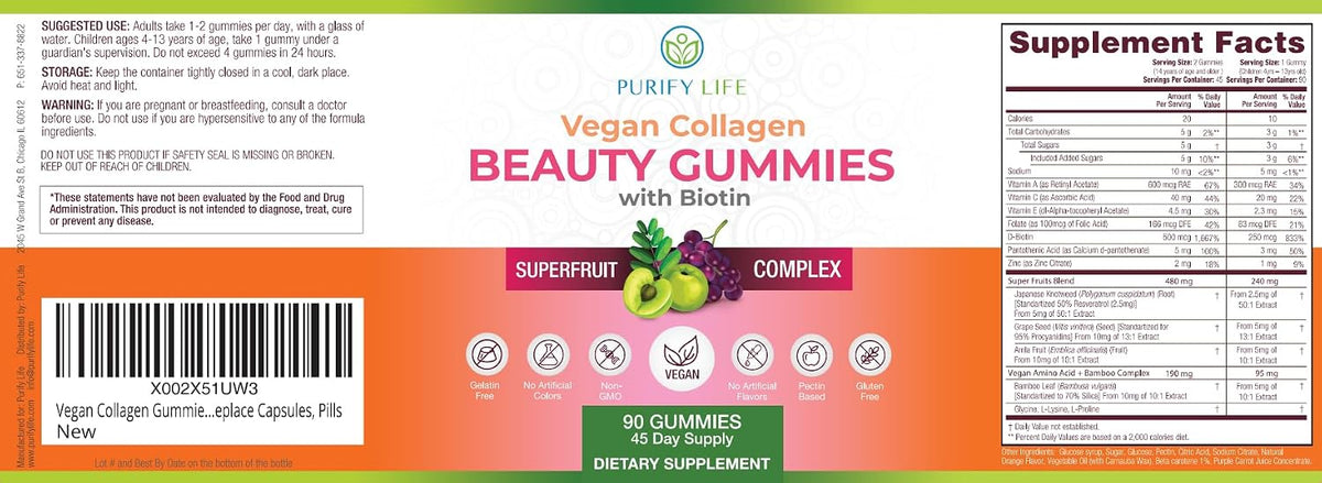 Vegan Collagen Booster Gummies with Biotin, Support Hair, Skin, Nail Health