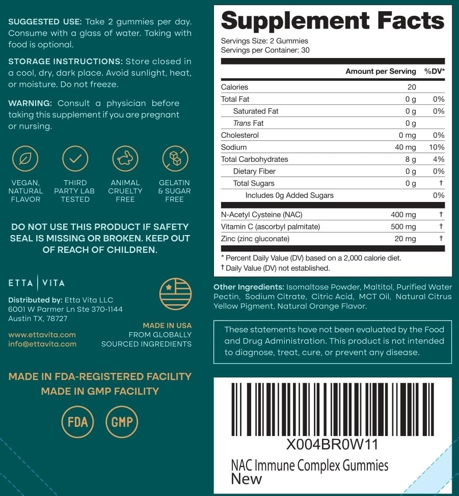 Sugar-Free NAC Gummies with Vitamin C 500mg, Zinc 20mg, N-Acetyl Cysteine 400mg - Antioxidant, Respiratory & Immune Support, Vegan, No Sulfur Taste NAC Supplement for Kids & Adults - 60 Gummies