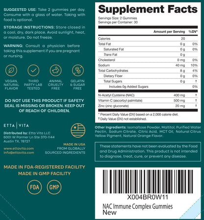 Sugar-Free NAC Gummies with Vitamin C 500mg, Zinc 20mg, N-Acetyl Cysteine 400mg - Antioxidant, Respiratory & Immune Support, Vegan, No Sulfur Taste NAC Supplement for Kids & Adults - 60 Gummies