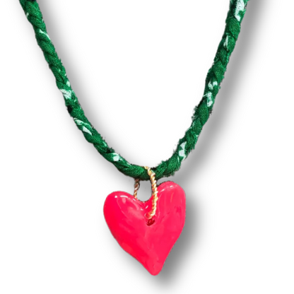 Upcycled Bandana Heart Necklace, Green