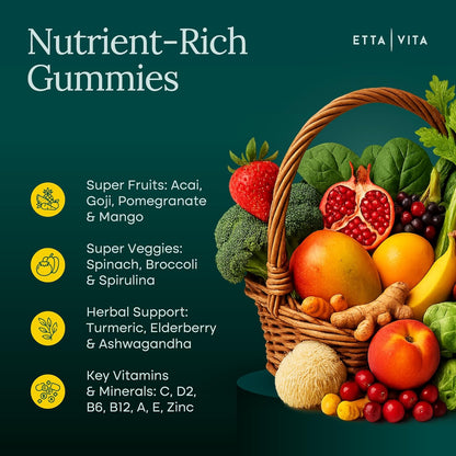 (120 Chews) Fruits and Veggies Supplement - Super Greens Gummies (9 Superfruits & 30 Veggies) Mushrooms, Fruit and Vegetable Vitamins, Non-GMO, Pectin-Based, Gluten-Free, No Capsules
