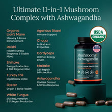 USDA Organic Mushroom Complex with Lions Mane & Ashwagandha [1,860mg], 11 in 1 Fruiting Body Extract, Reishi, Cordyceps, Chaga & Turkey Tail, Focus, Immune & Stress Support, 90 Vegan Capsules