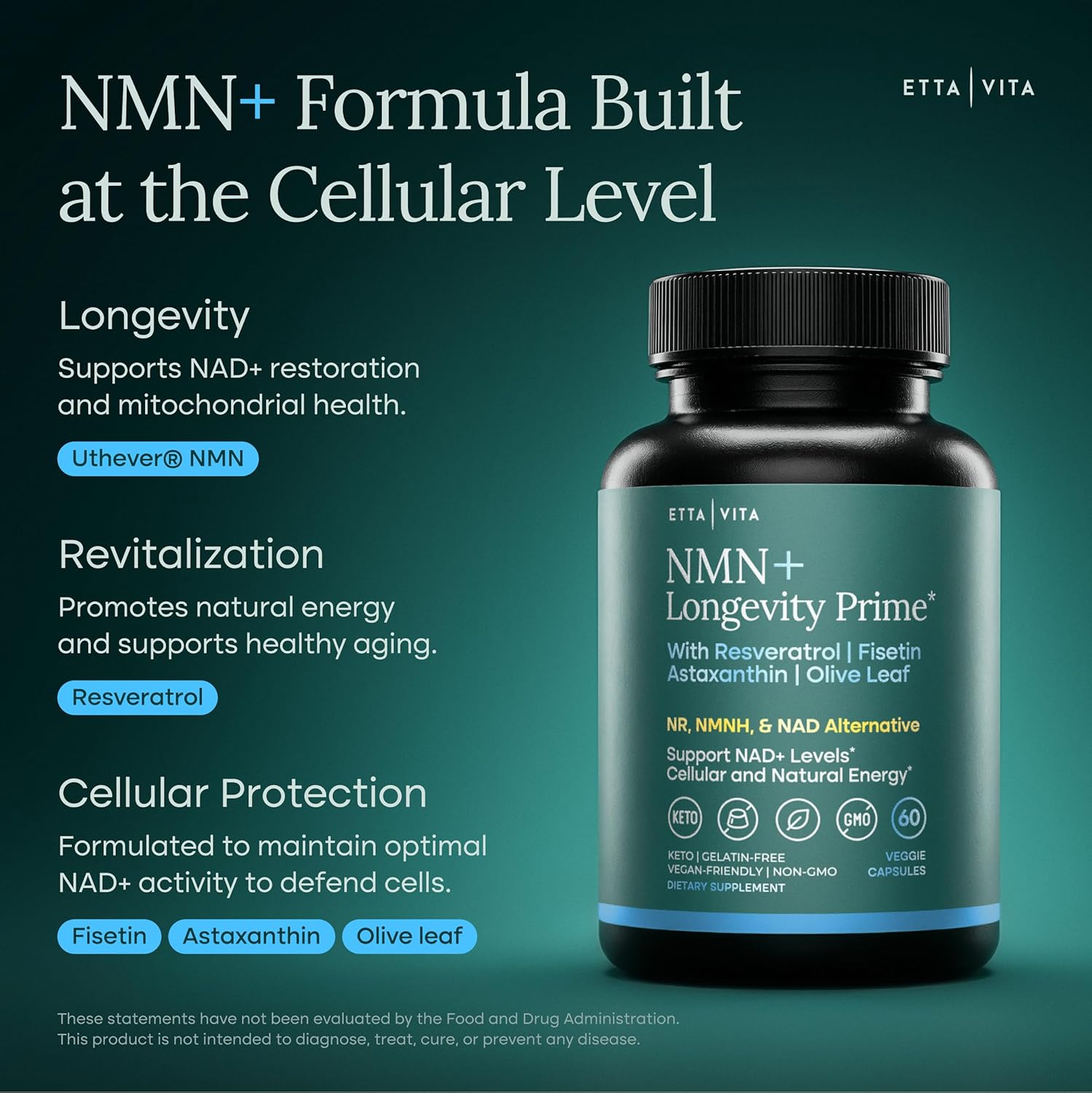 NMN Supplement (5 - in - 1) NAD+ Booster with Resveratrol - Cellular Energy, Focus & Healthy Aging Support for Men and Women - Mitochondria Formula w Fisetin, Astaxanthin, Olive Leaf, Vegan, Made in USA - Vegan America