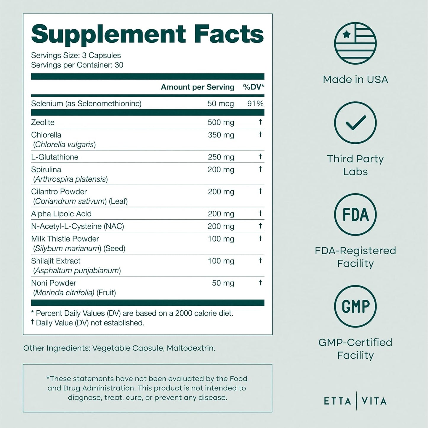Etta Vita Zeolite Detox for adults | Gut & Liver Detox Cleanse with Glutathione, NAC, Chlorella, Spirulina, ALA, Cilantro, Milk Thistle & Shilajit | Zeolite Heavy Metal Detox Vegan Keto 90 Capsule