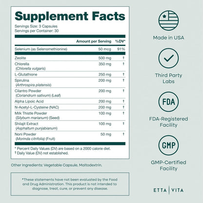 Etta Vita Zeolite Detox for adults | Gut & Liver Detox Cleanse with Glutathione, NAC, Chlorella, Spirulina, ALA, Cilantro, Milk Thistle & Shilajit | Zeolite Heavy Metal Detox Vegan Keto 90 Capsule