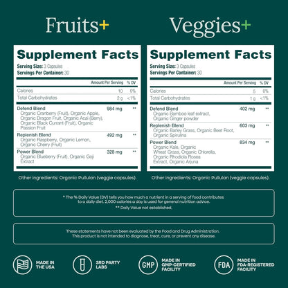 USDA Organic Fruits and Veggies Supplement, Easy to Swallow Whole Food Vegan Capsules, 31 Real Superfoods, Fruit and Vegetable Supplement for Adults, Energy and Immune Support, Non-GMO, 180 Count