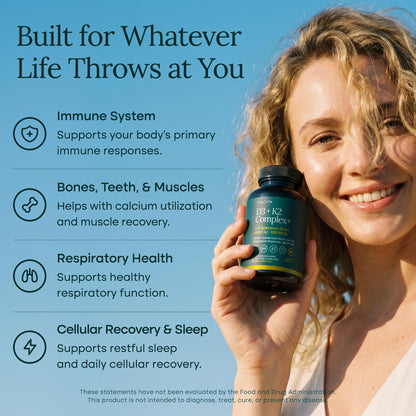 Vitamin D3 K2 Capsules, Adjustable 2500 or 5000 IU Dose, K2 MK-7 120mcg with Magnesium Glycinate, Zinc, Calcium & Vitamin B6, Bone, Immune & Muscle Support for Men & Women, 60 Vegetable Capsules